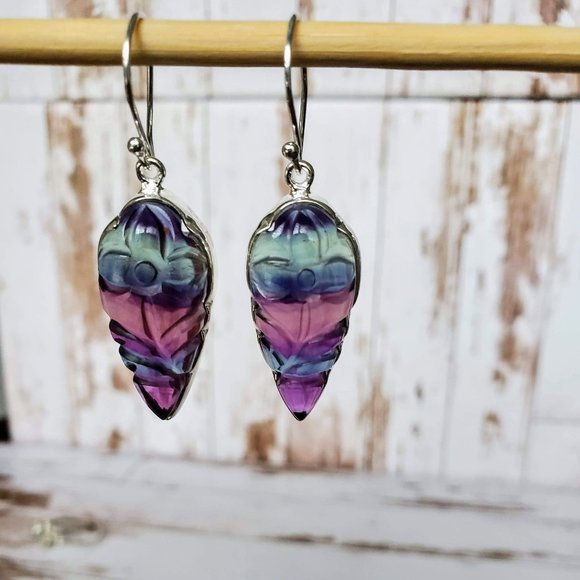 Carved Fluorite Sterling Earrings - Picture 2 of 6